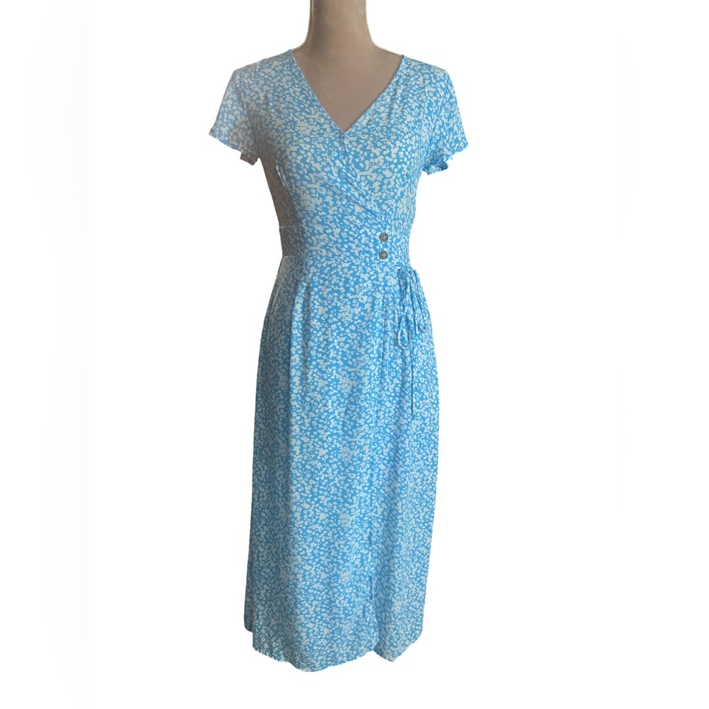 Sienna Sky Blue and White Floral Faux Wrap Midi Dress Size XS